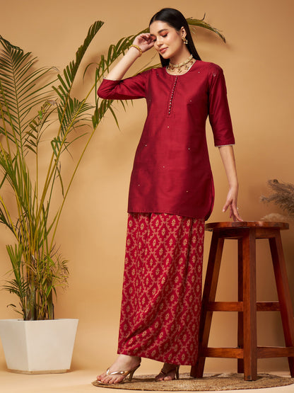 Maroon Short Kurta With Printed Flared Palazzos