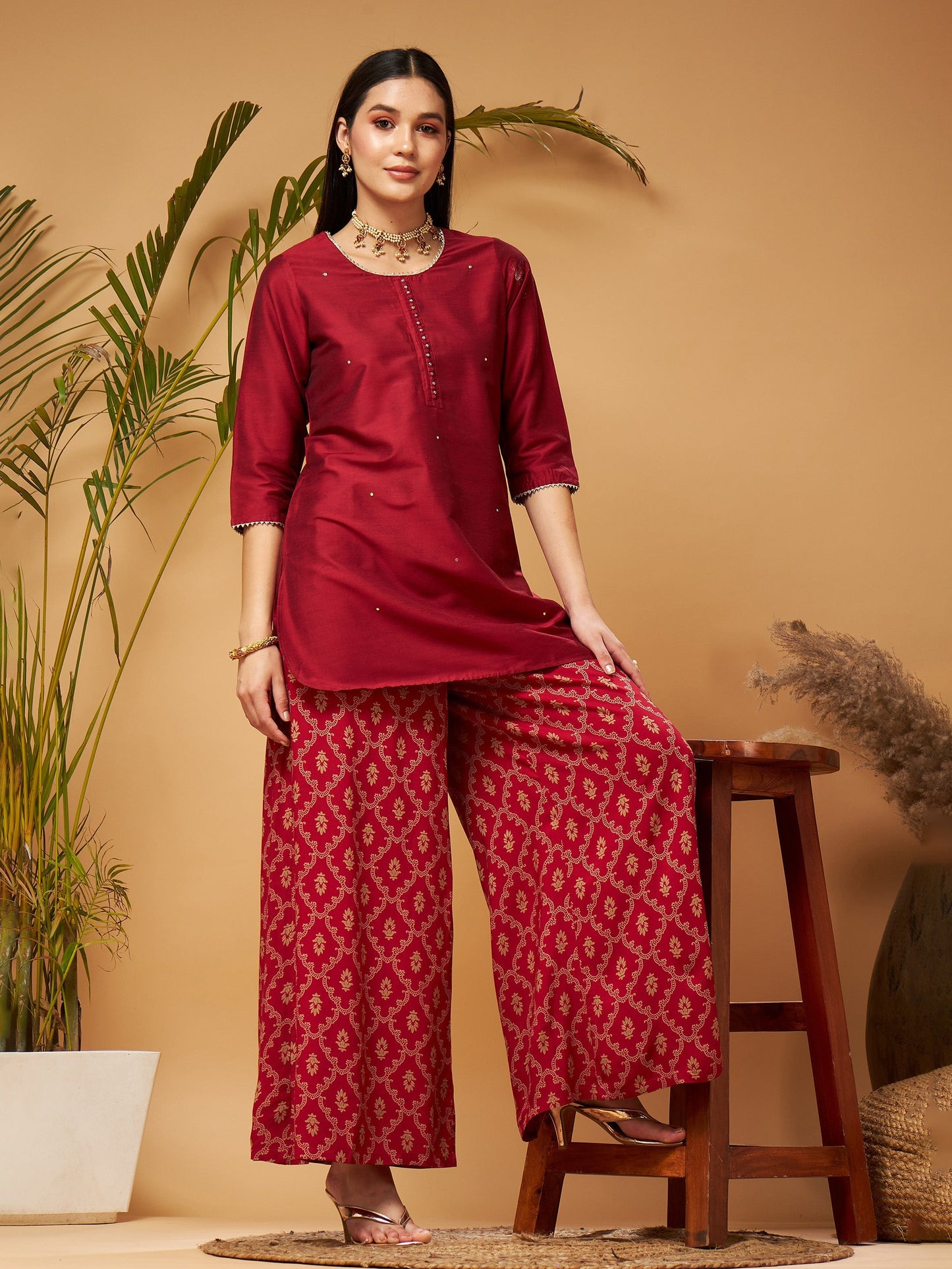Maroon Short Kurta With Printed Flared Palazzos