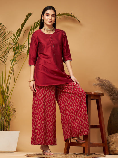 Maroon Short Kurta With Printed Flared Palazzos