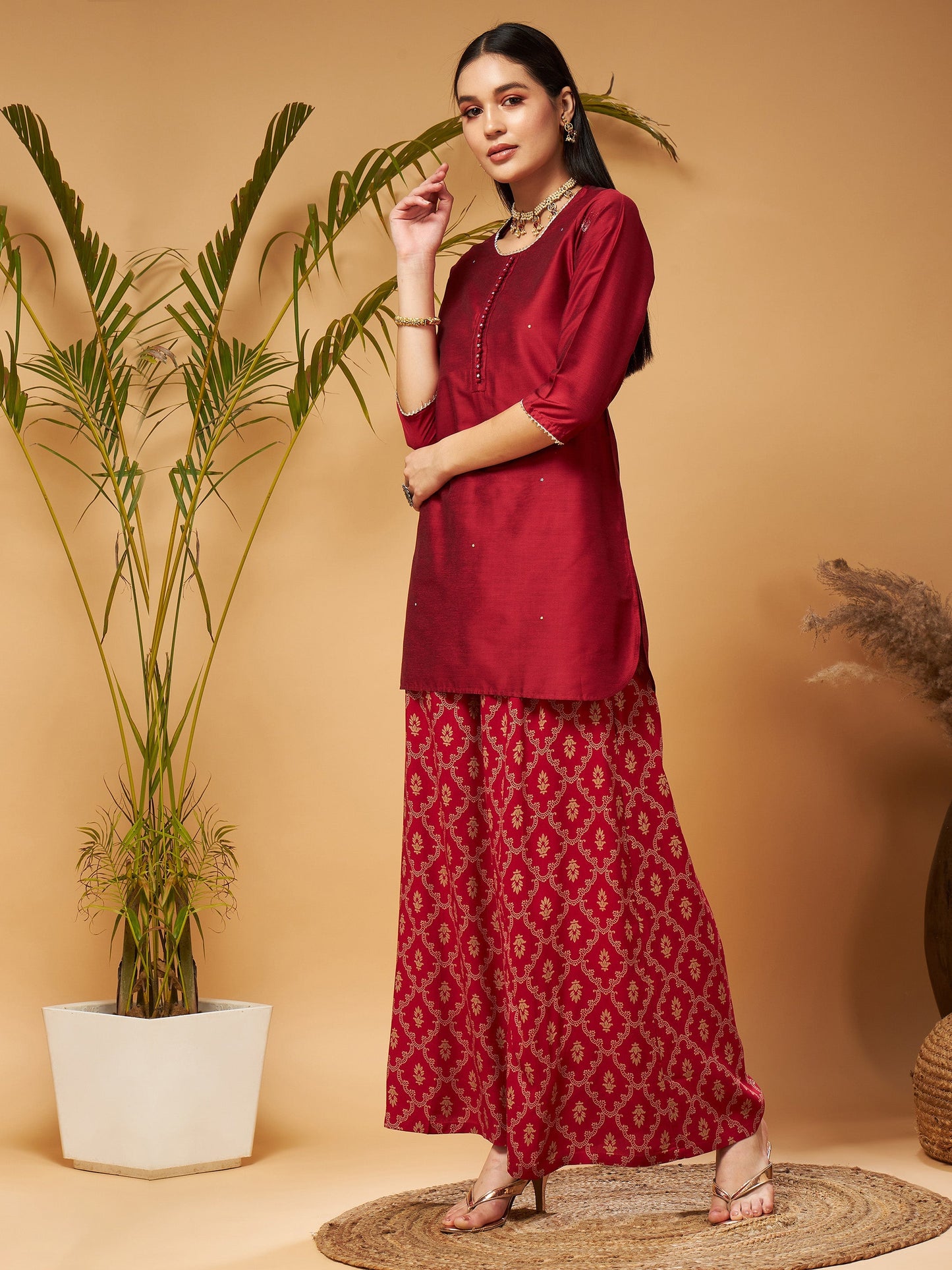Maroon Short Kurta With Printed Flared Palazzos