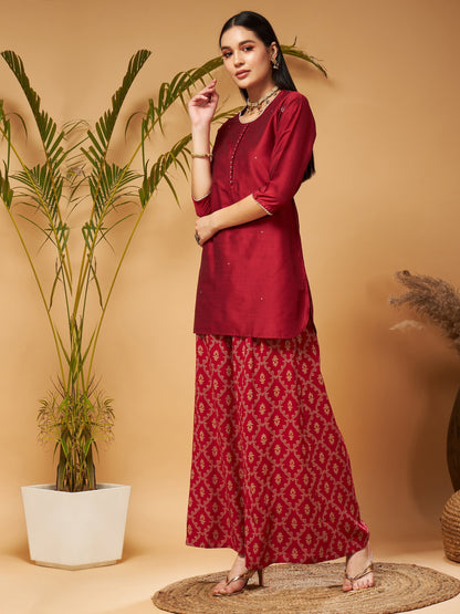 Maroon Short Kurta With Printed Flared Palazzos