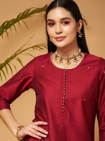 Maroon Short Kurta With Printed Flared Palazzos