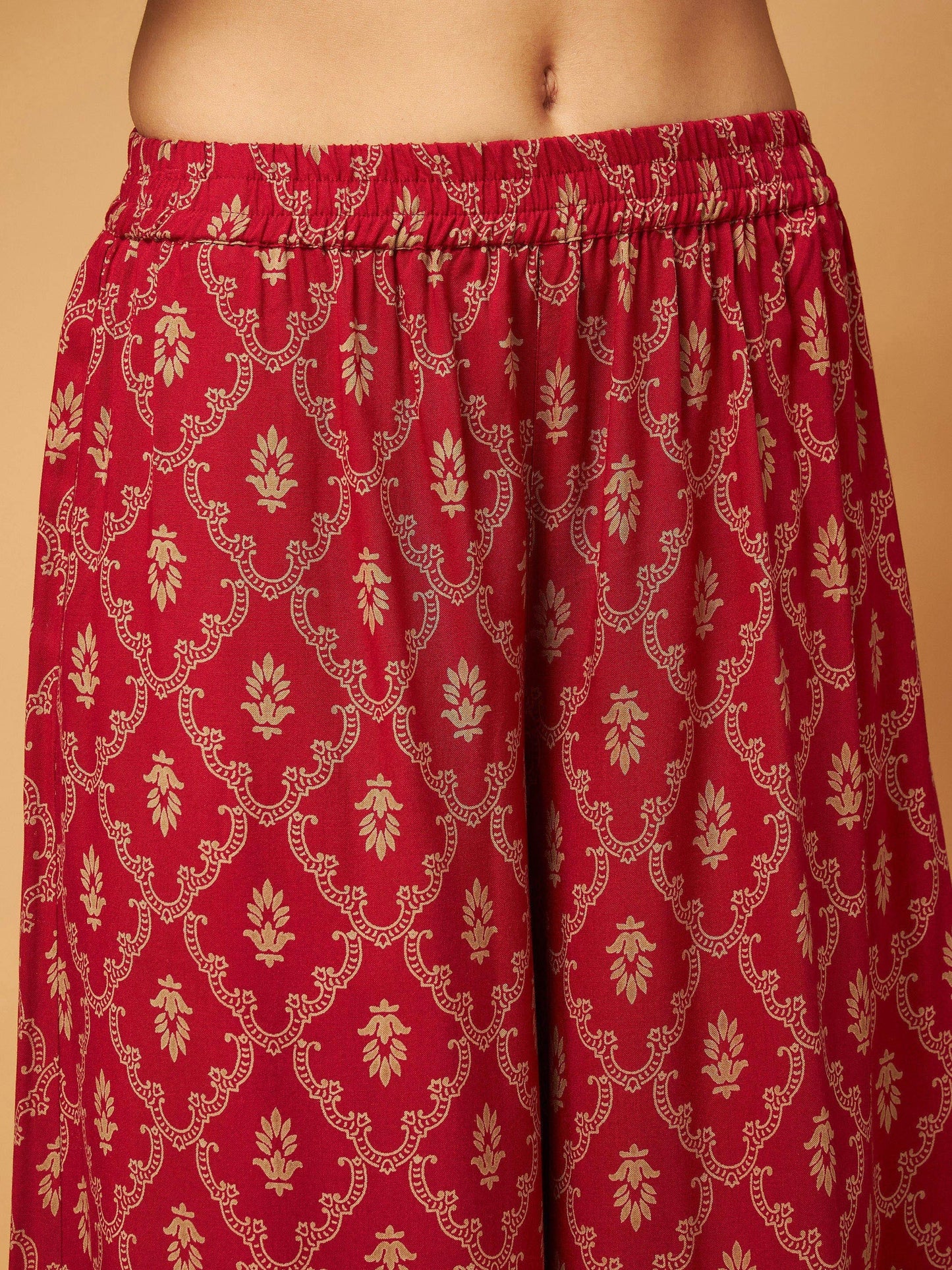 Maroon Short Kurta With Printed Flared Palazzos