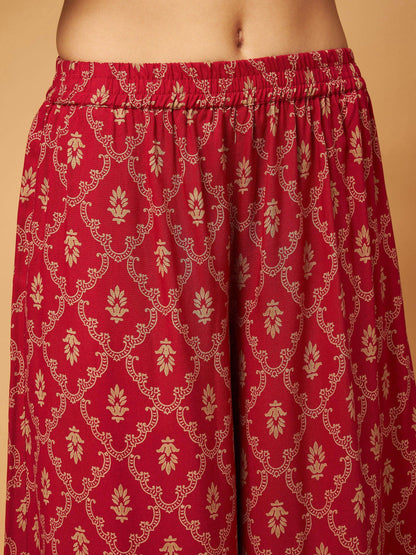 Maroon Short Kurta With Printed Flared Palazzos