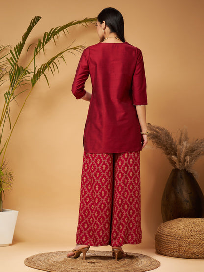 Maroon Short Kurta With Printed Flared Palazzos