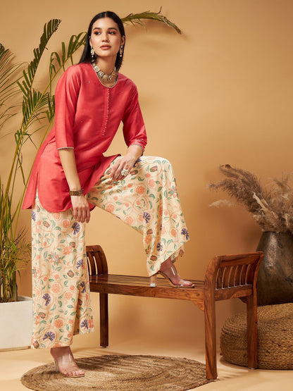 Pink Short Kurta With Beige Printed Flared Palazzos