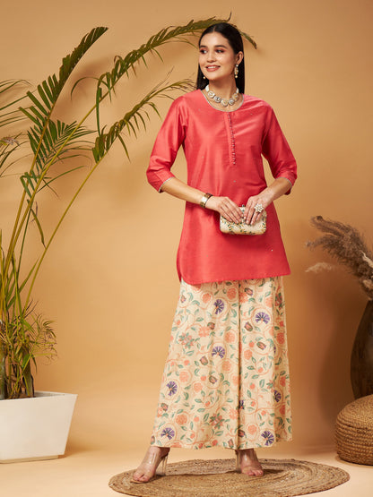 Pink Short Kurta With Beige Printed Flared Palazzos