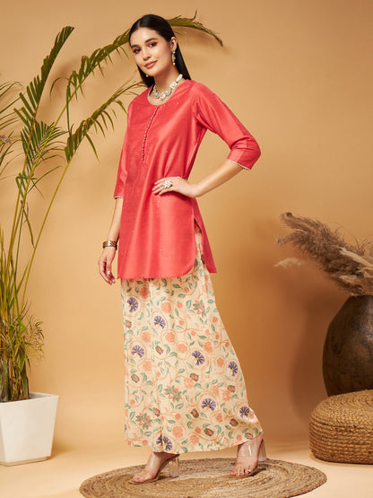 Pink Short Kurta With Beige Printed Flared Palazzos