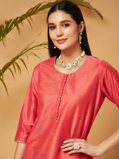 Pink Short Kurta With Beige Printed Flared Palazzos