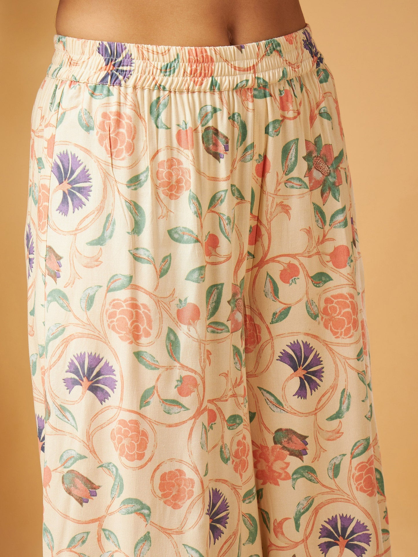 Pink Short Kurta With Beige Printed Flared Palazzos