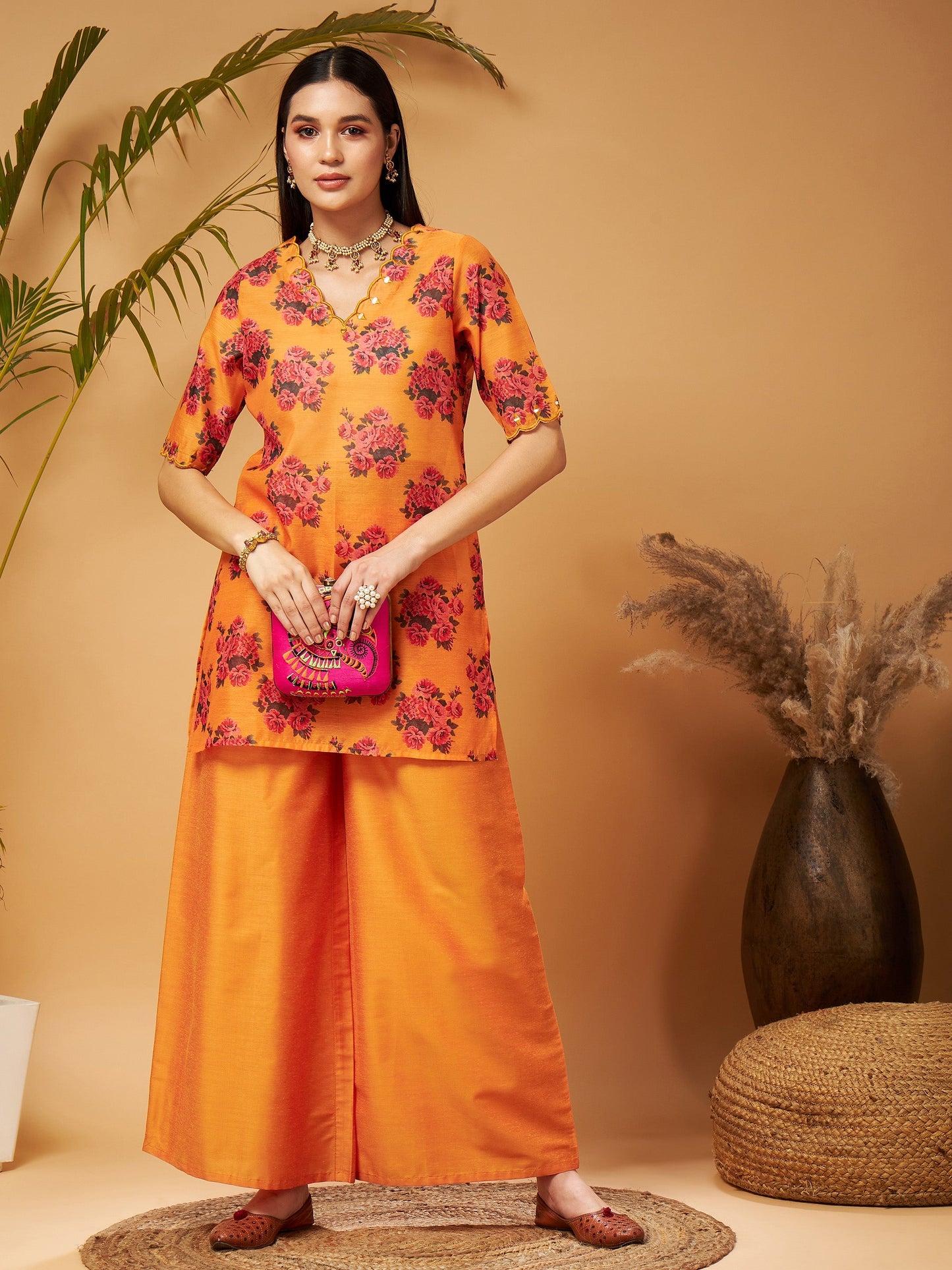Mustard Emb Floral Short Kurta With Flared Palazzos