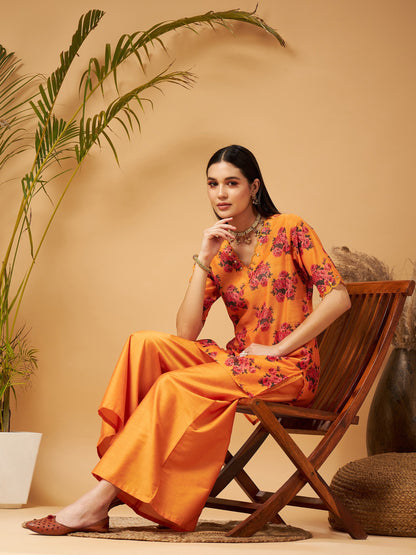 Mustard Emb Floral Short Kurta With Flared Palazzos