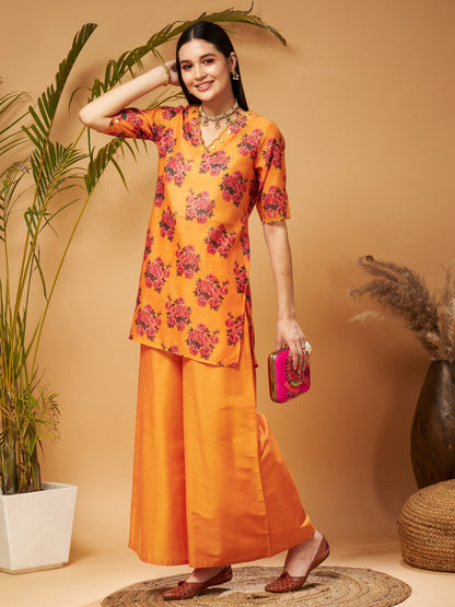 Mustard Emb Floral Short Kurta With Flared Palazzos