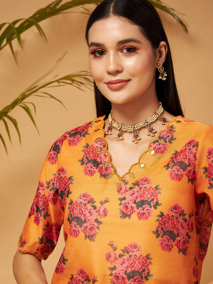 Mustard Emb Floral Short Kurta With Flared Palazzos