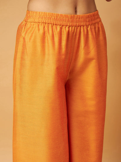 Mustard Emb Floral Short Kurta With Flared Palazzos