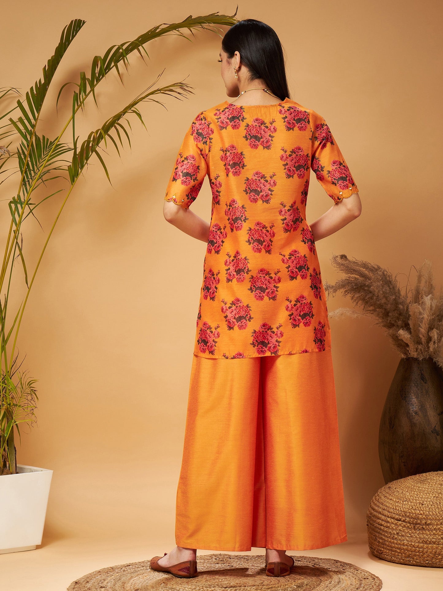 Mustard Emb Floral Short Kurta With Flared Palazzos