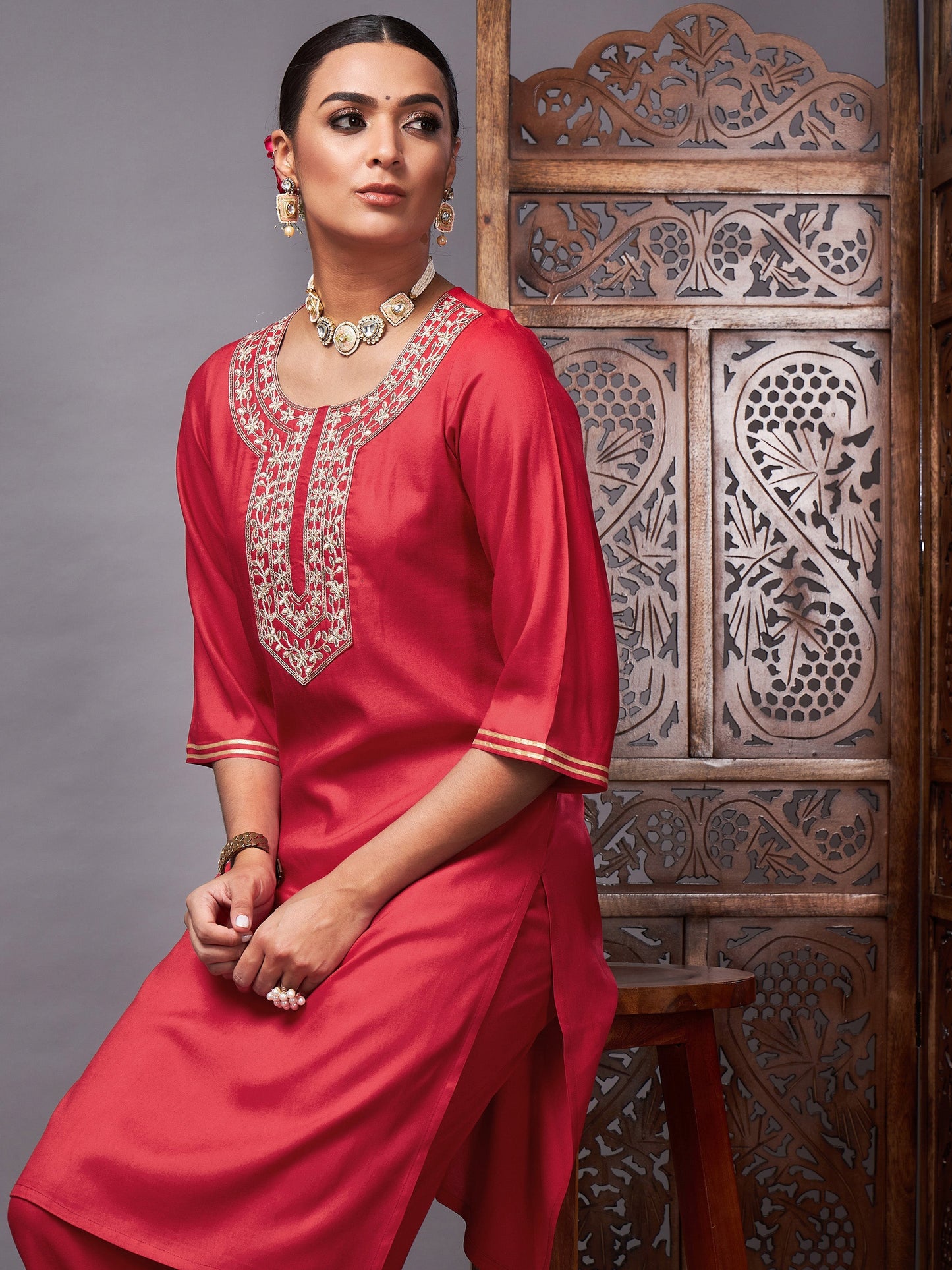 Red Gota Embroidered Kurta with Pants