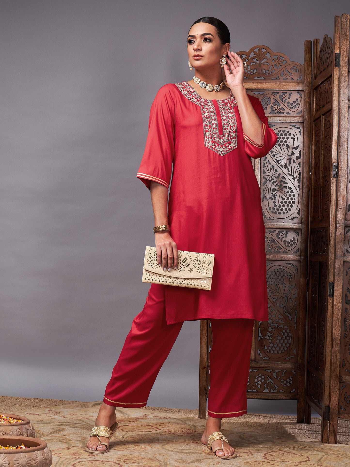 Red Gota Embroidered Kurta with Pants