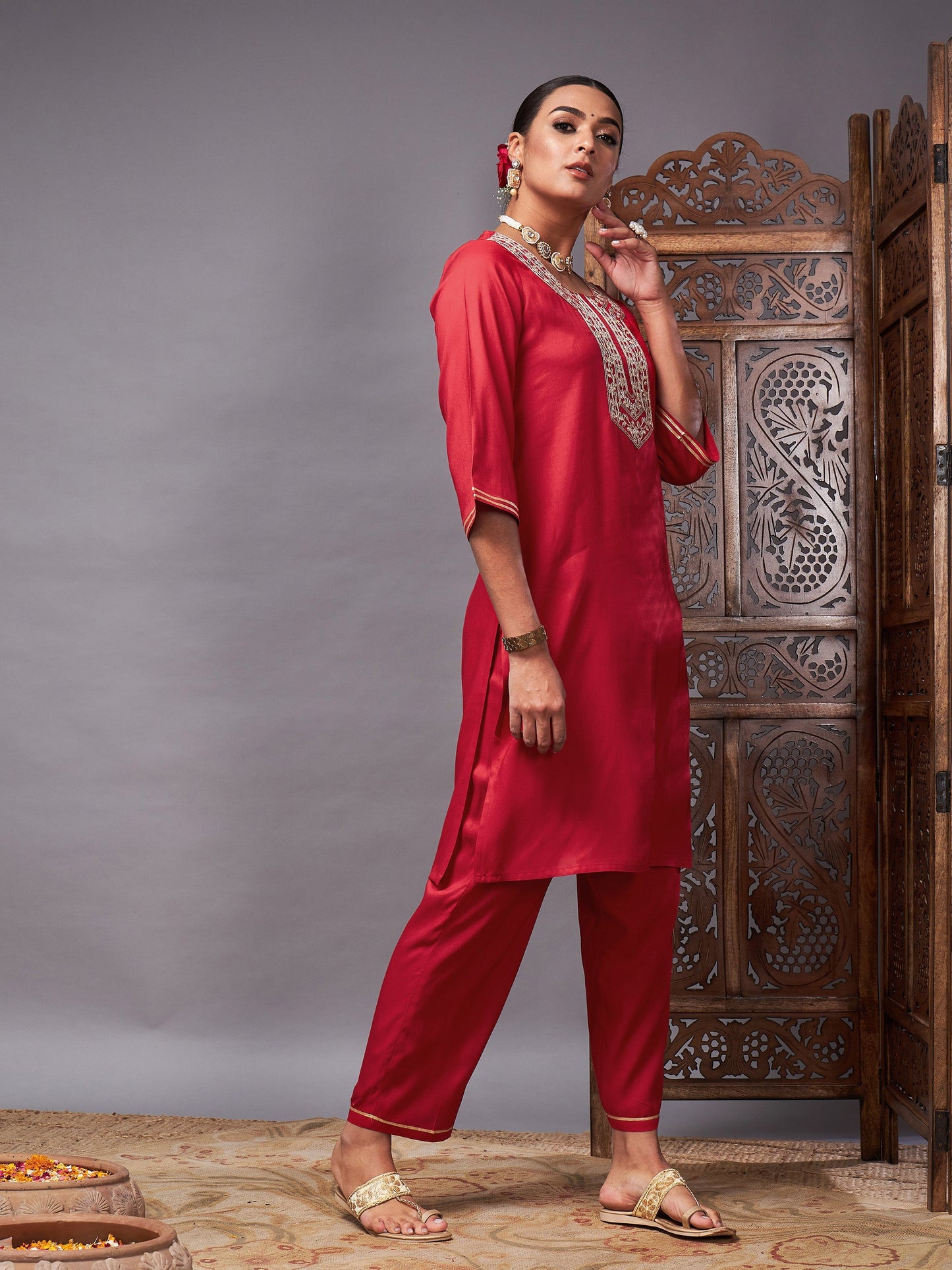 Red Gota Embroidered Kurta with Pants