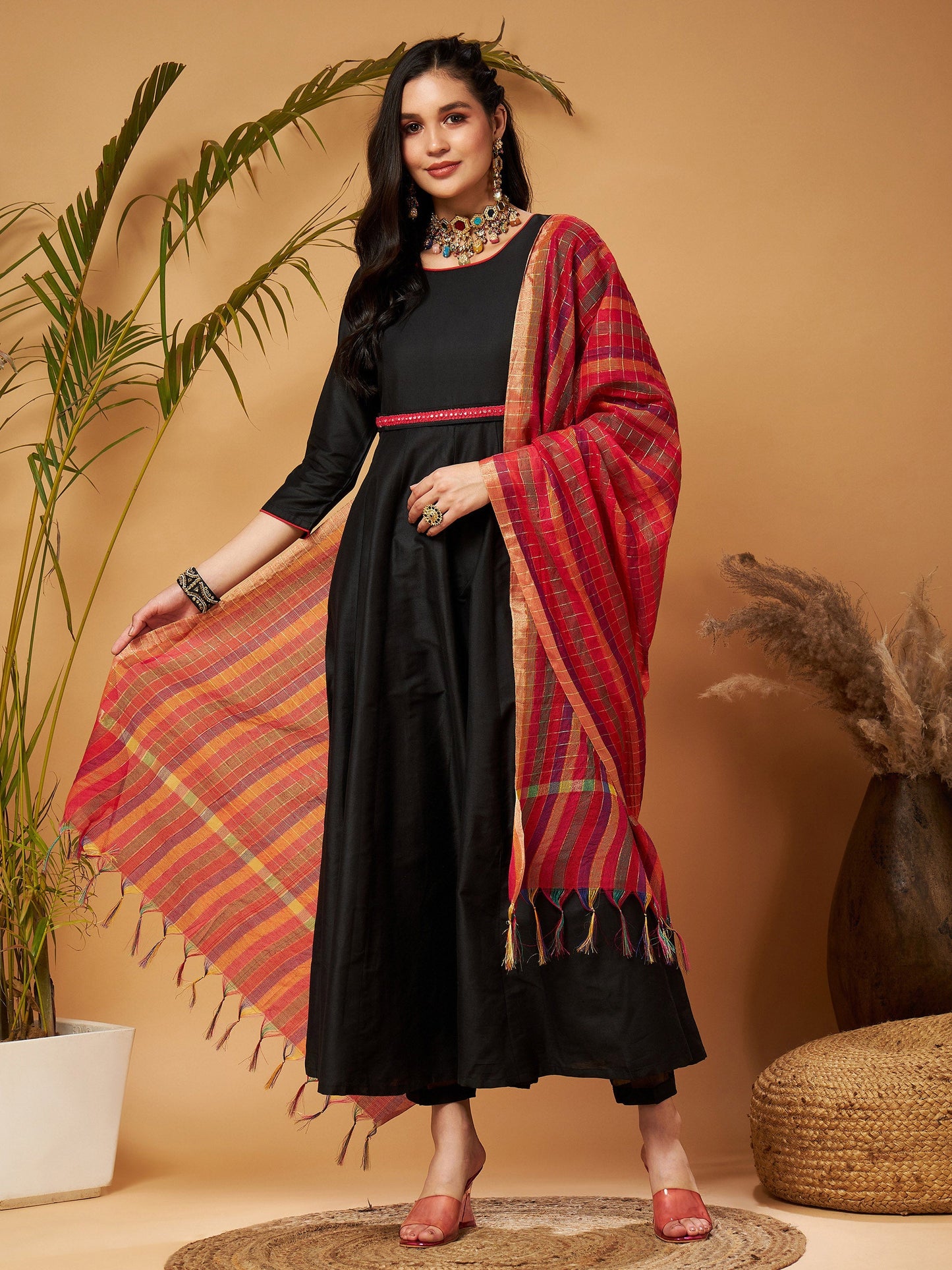 Black Anarkali Kurta Set With Red Striped Dupatta