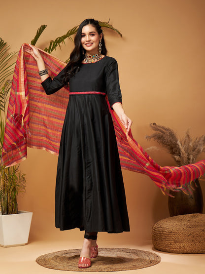 Black Anarkali Kurta Set With Red Striped Dupatta
