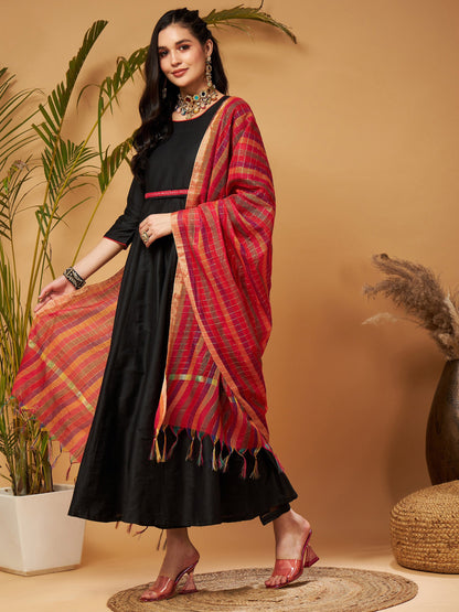 Black Anarkali Kurta Set With Red Striped Dupatta