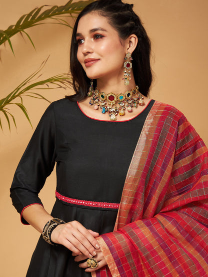 Black Anarkali Kurta Set With Red Striped Dupatta