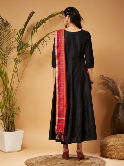 Black Anarkali Kurta Set With Red Striped Dupatta
