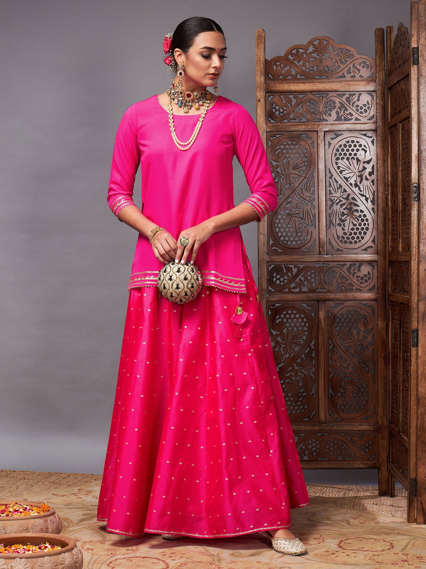 Fuchsia Banjara Top With Jacquard Anarkali Skirt