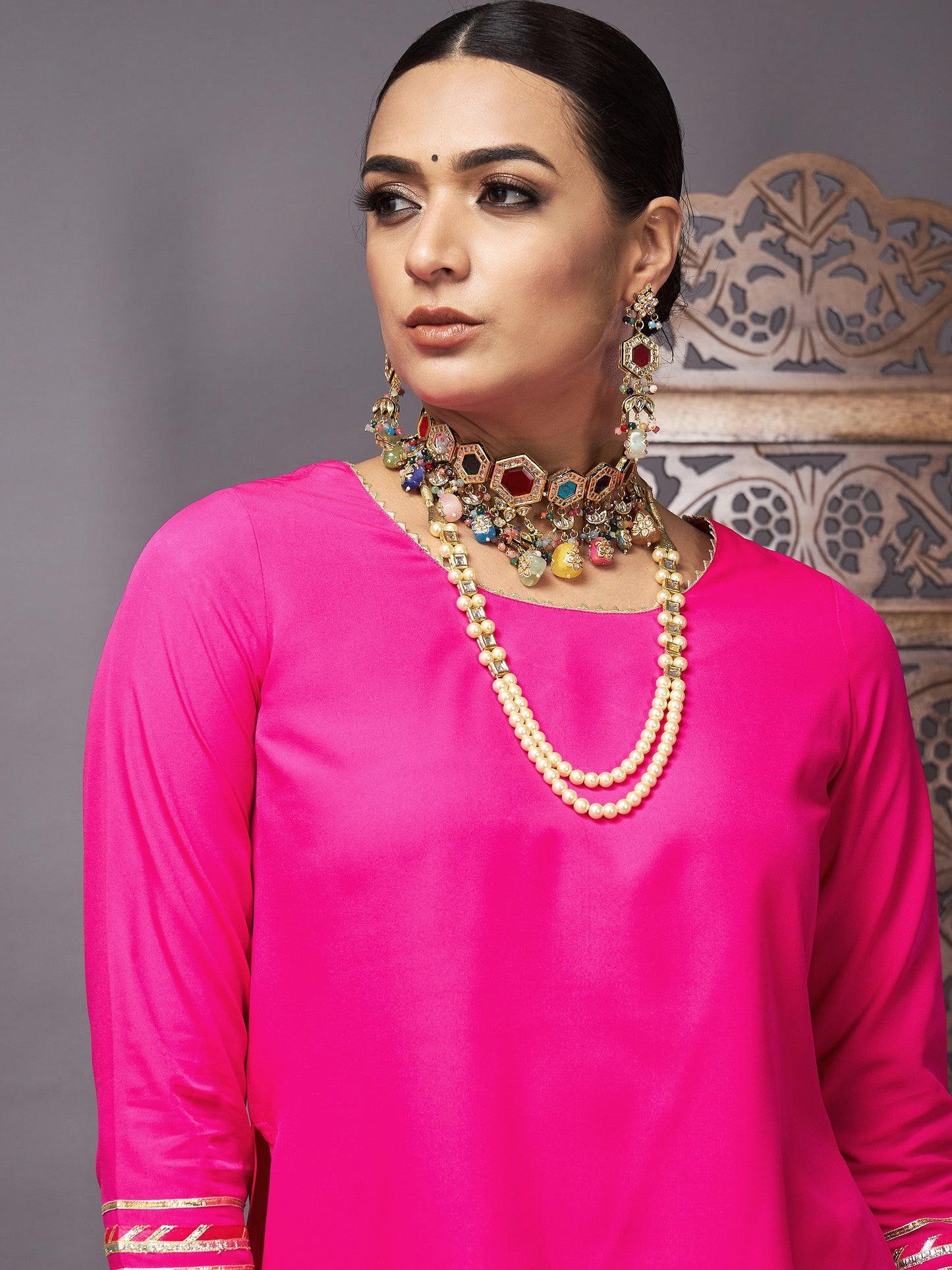 Fuchsia Banjara Top With Jacquard Anarkali Skirt