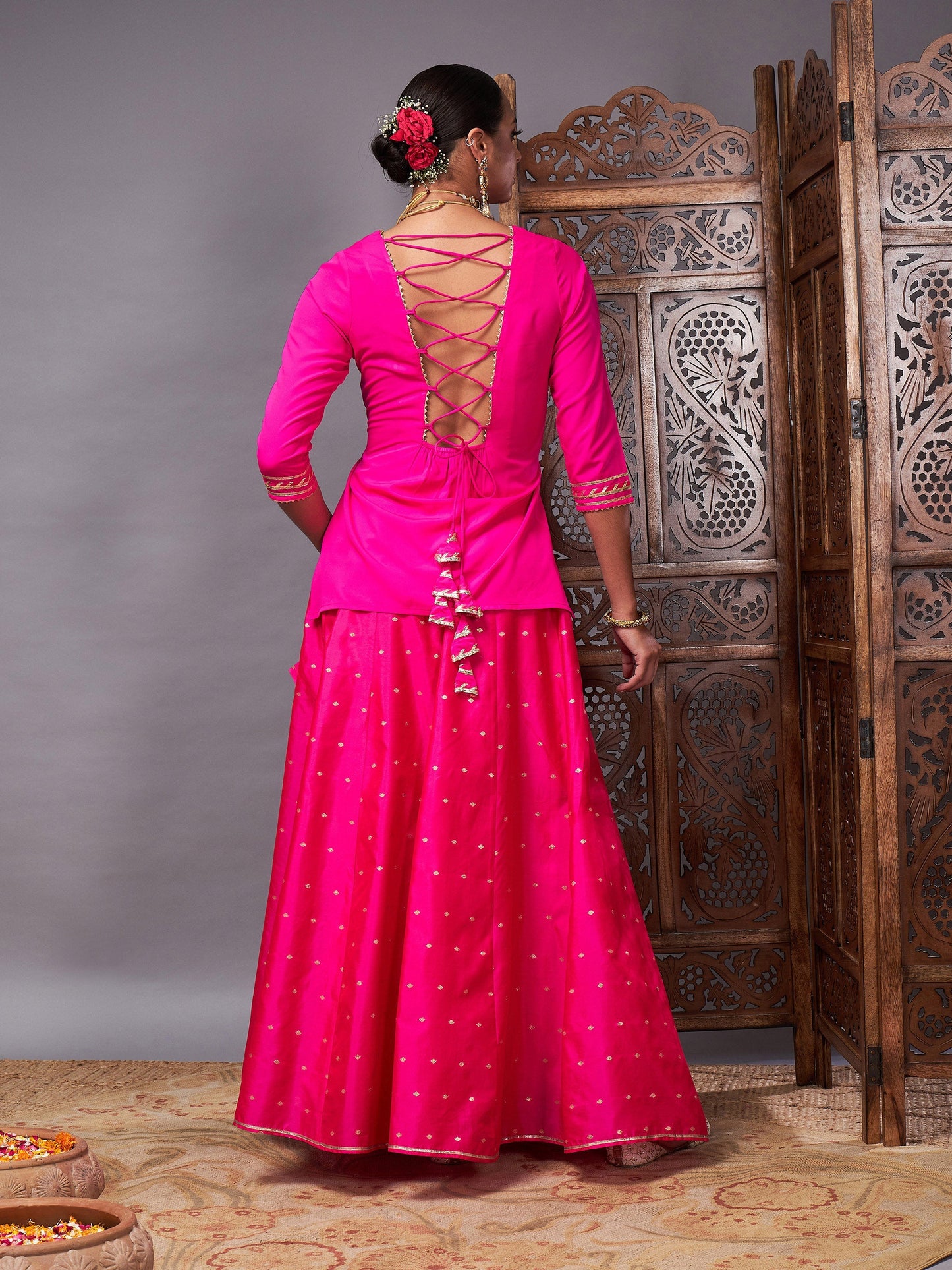 Fuchsia Banjara Top With Jacquard Anarkali Skirt