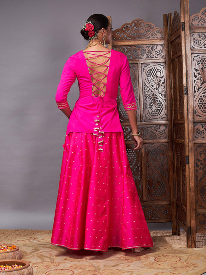 Fuchsia Banjara Top With Jacquard Anarkali Skirt