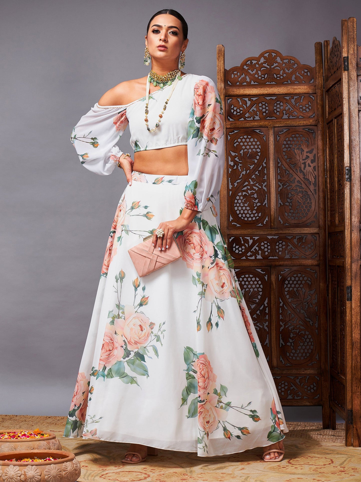 White Floral One Shoulder Crop Top With Anarkali Skirt