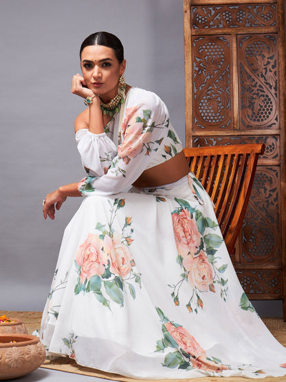 White Floral One Shoulder Crop Top With Anarkali Skirt