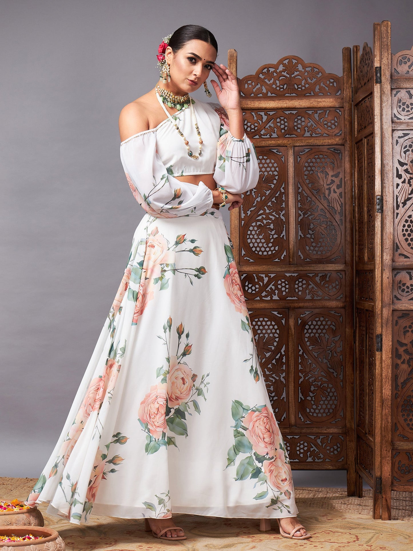 White Floral One Shoulder Crop Top With Anarkali Skirt