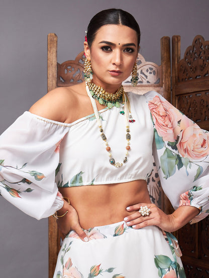 White Floral One Shoulder Crop Top With Anarkali Skirt