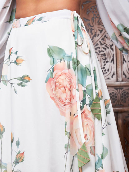 White Floral One Shoulder Crop Top With Anarkali Skirt