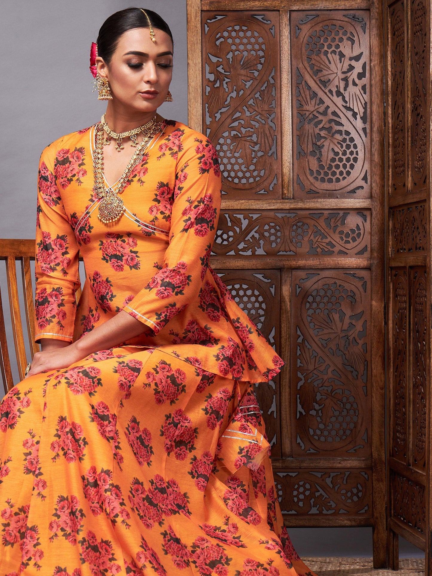 Mustard Floral Peplum Top With Anarkali Skirt