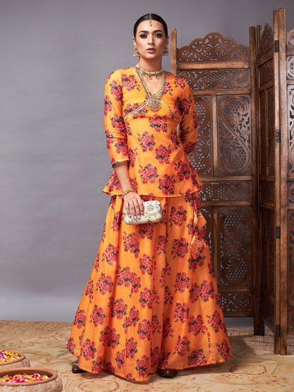 Mustard Floral Peplum Top With Anarkali Skirt