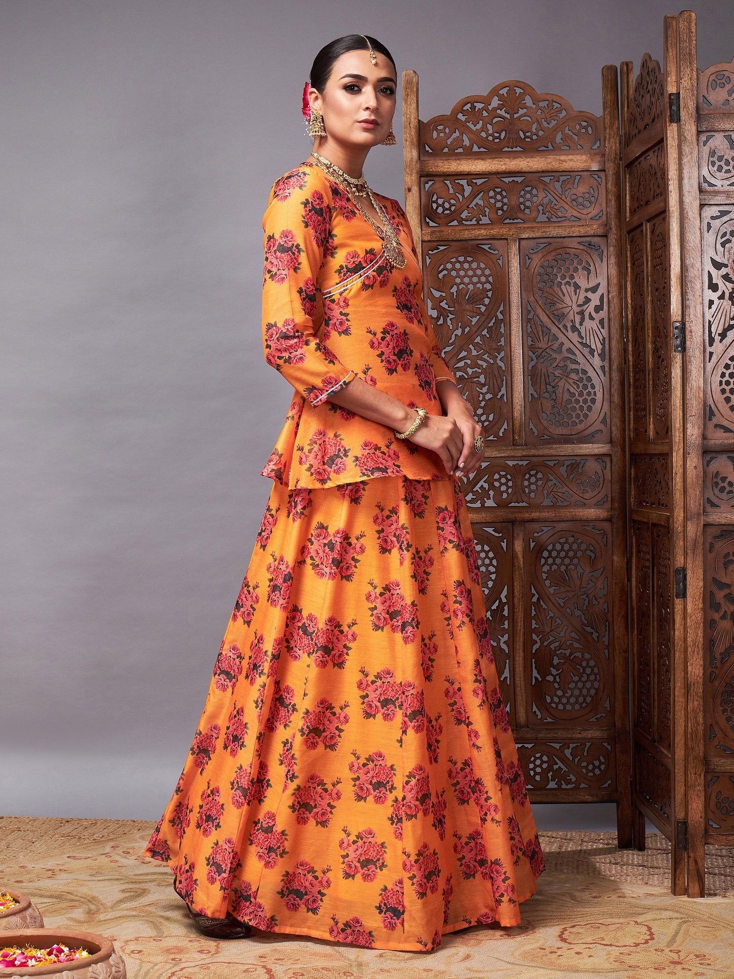 Mustard Floral Peplum Top With Anarkali Skirt