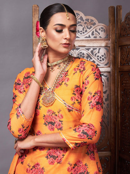 Mustard Floral Peplum Top With Anarkali Skirt