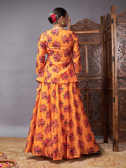 Mustard Floral Peplum Top With Anarkali Skirt