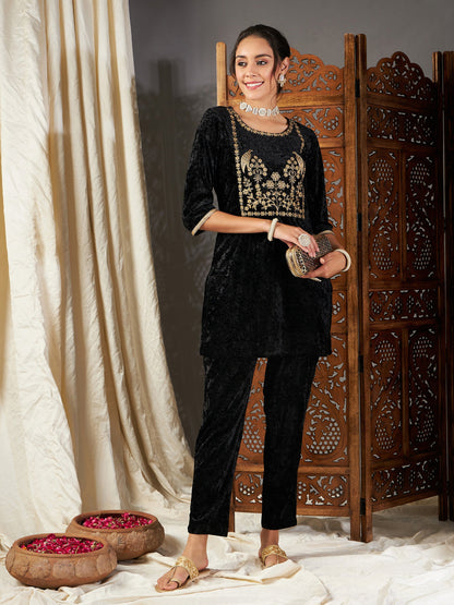 Black Velvet Embroidered Yoke Short Kurta With Pants-Shae by SASSAFRAS