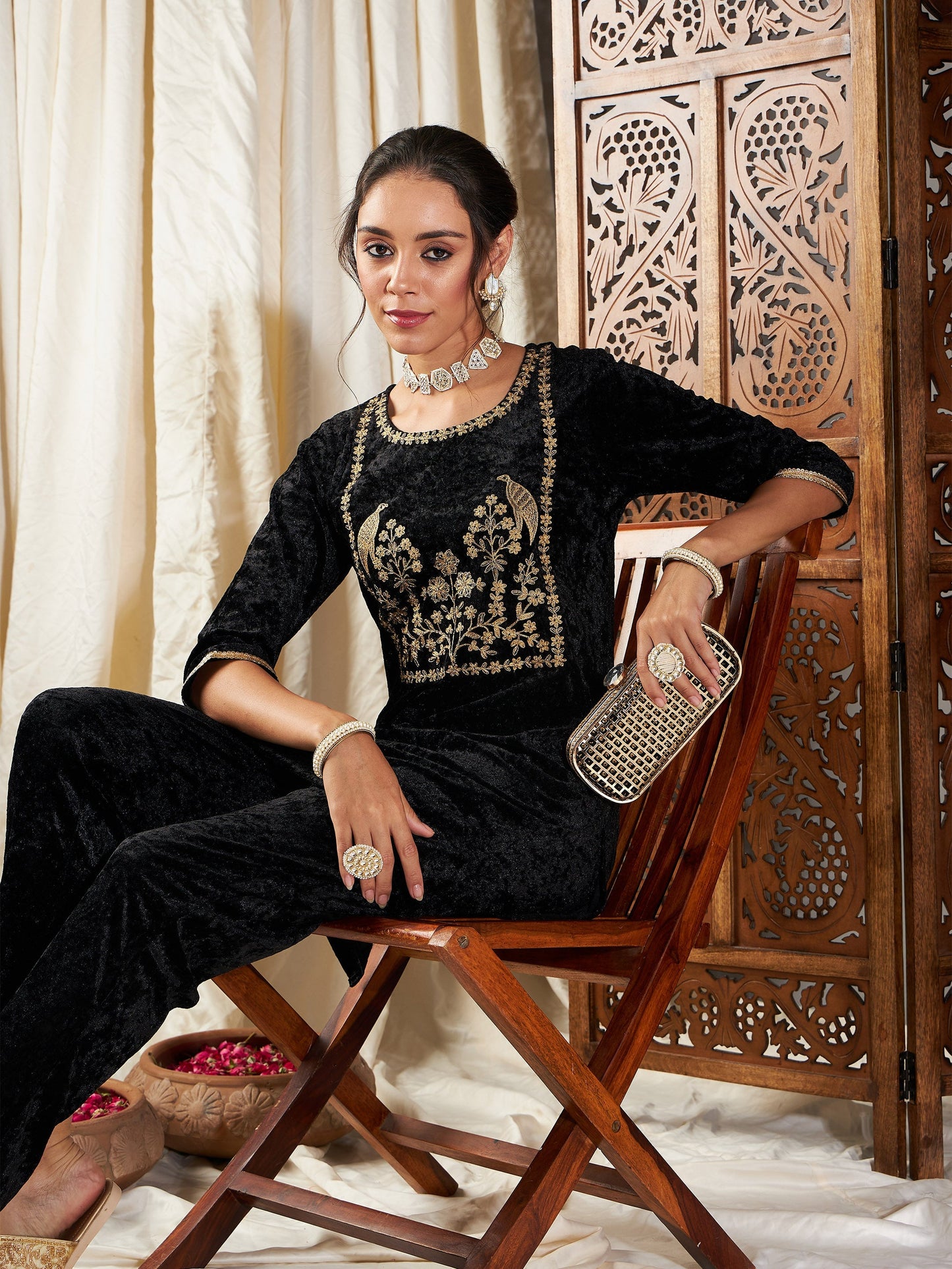 Black Velvet Embroidered Yoke Short Kurta With Pants-Shae by SASSAFRAS