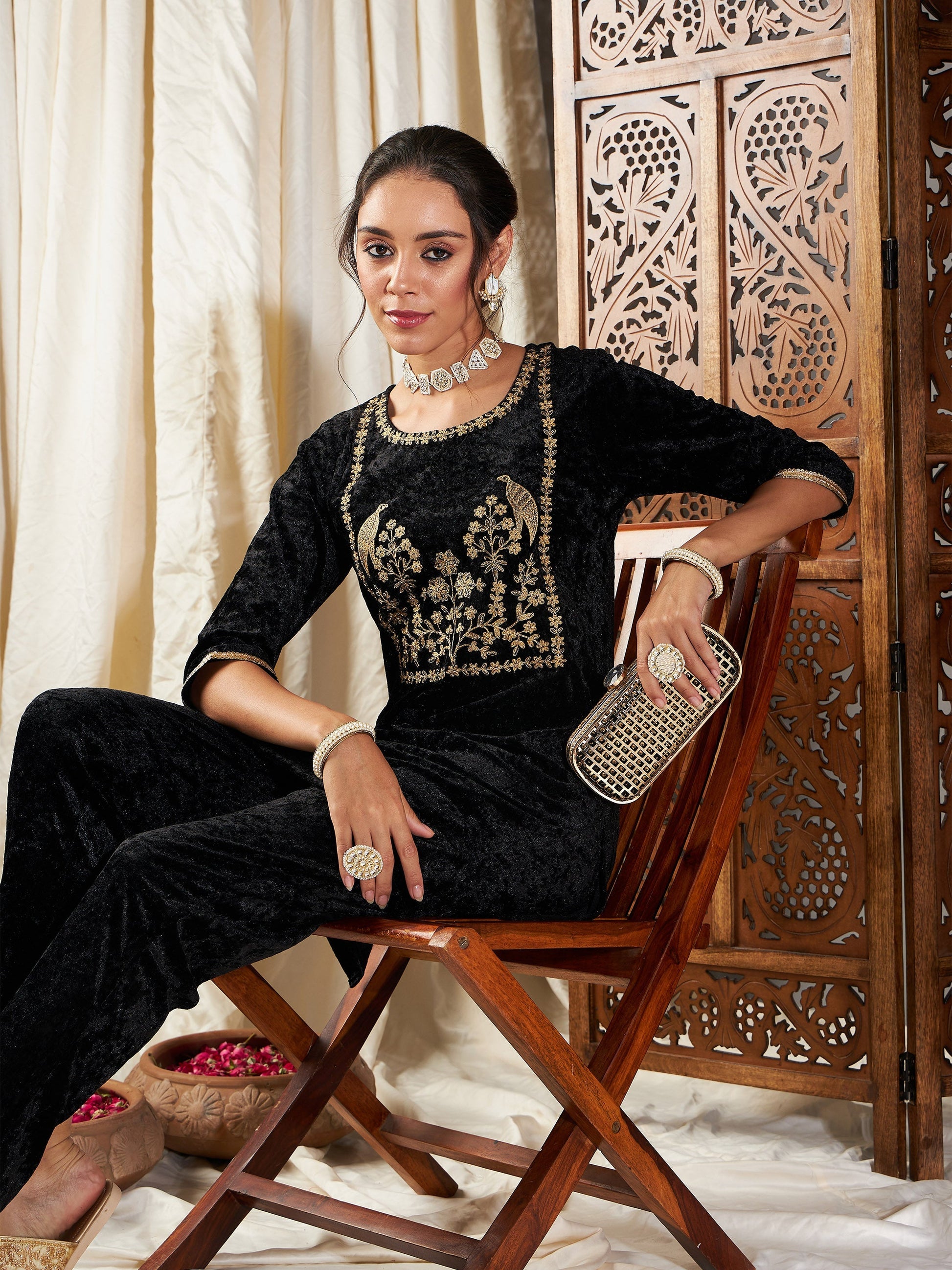 Black Velvet Embroidered Yoke Short Kurta With Pants-Shae by SASSAFRAS
