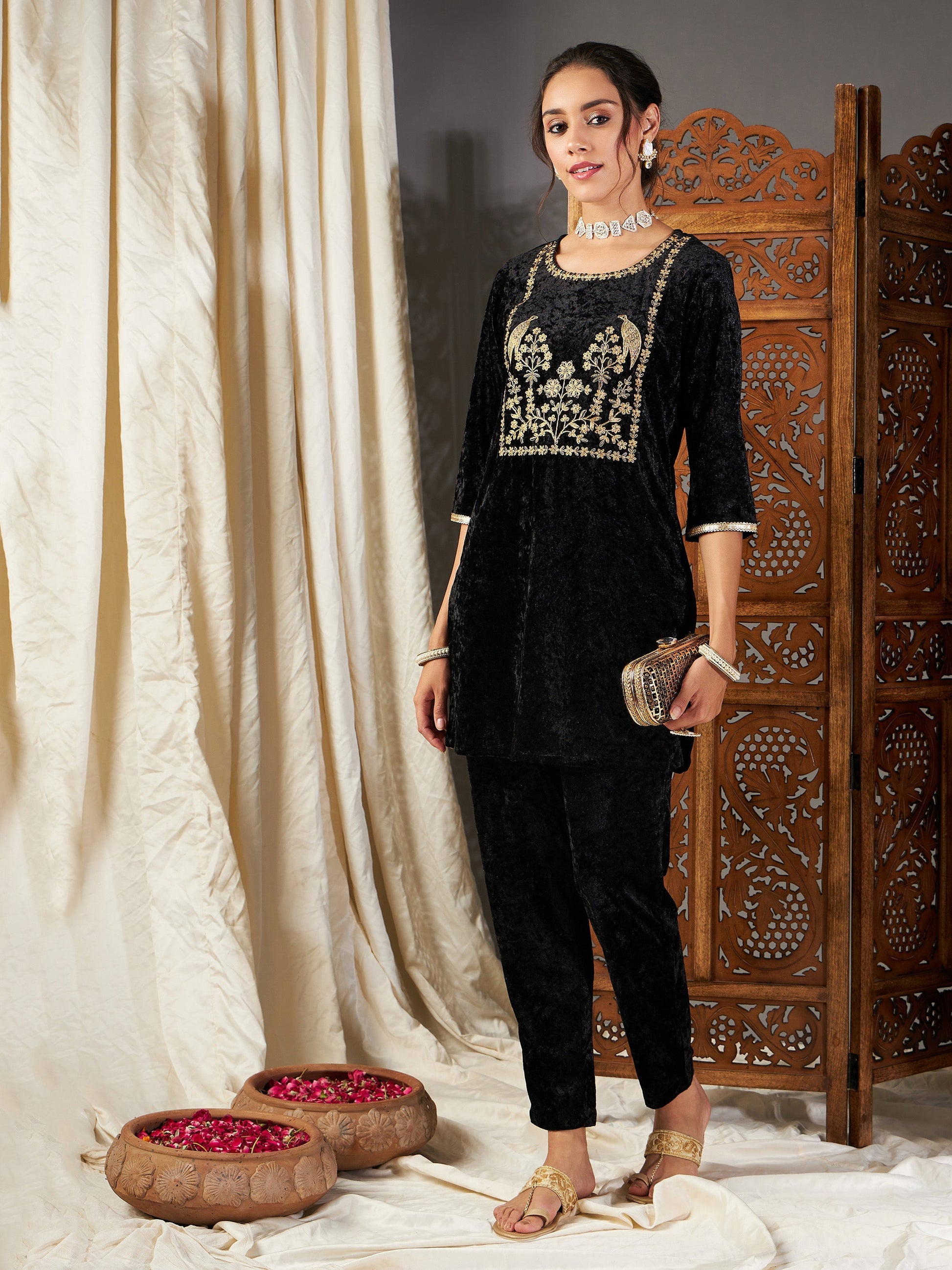 Black Velvet Embroidered Yoke Short Kurta With Pants-Shae by SASSAFRAS