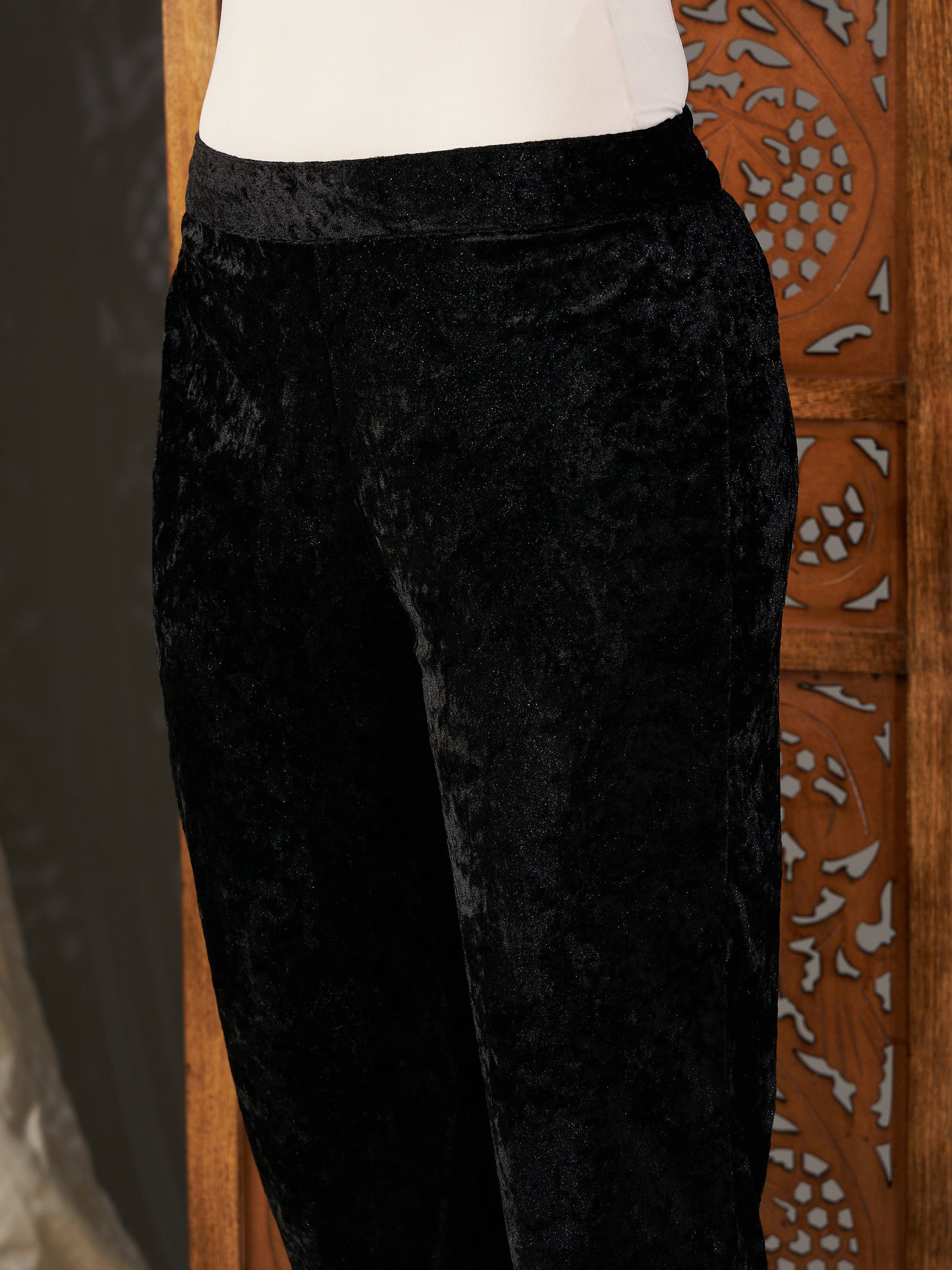 Black Velvet Embroidered Yoke Short Kurta With Pants-Shae by SASSAFRAS