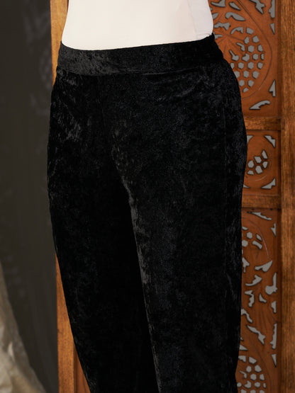 Black Velvet Embroidered Yoke Short Kurta With Pants-Shae by SASSAFRAS