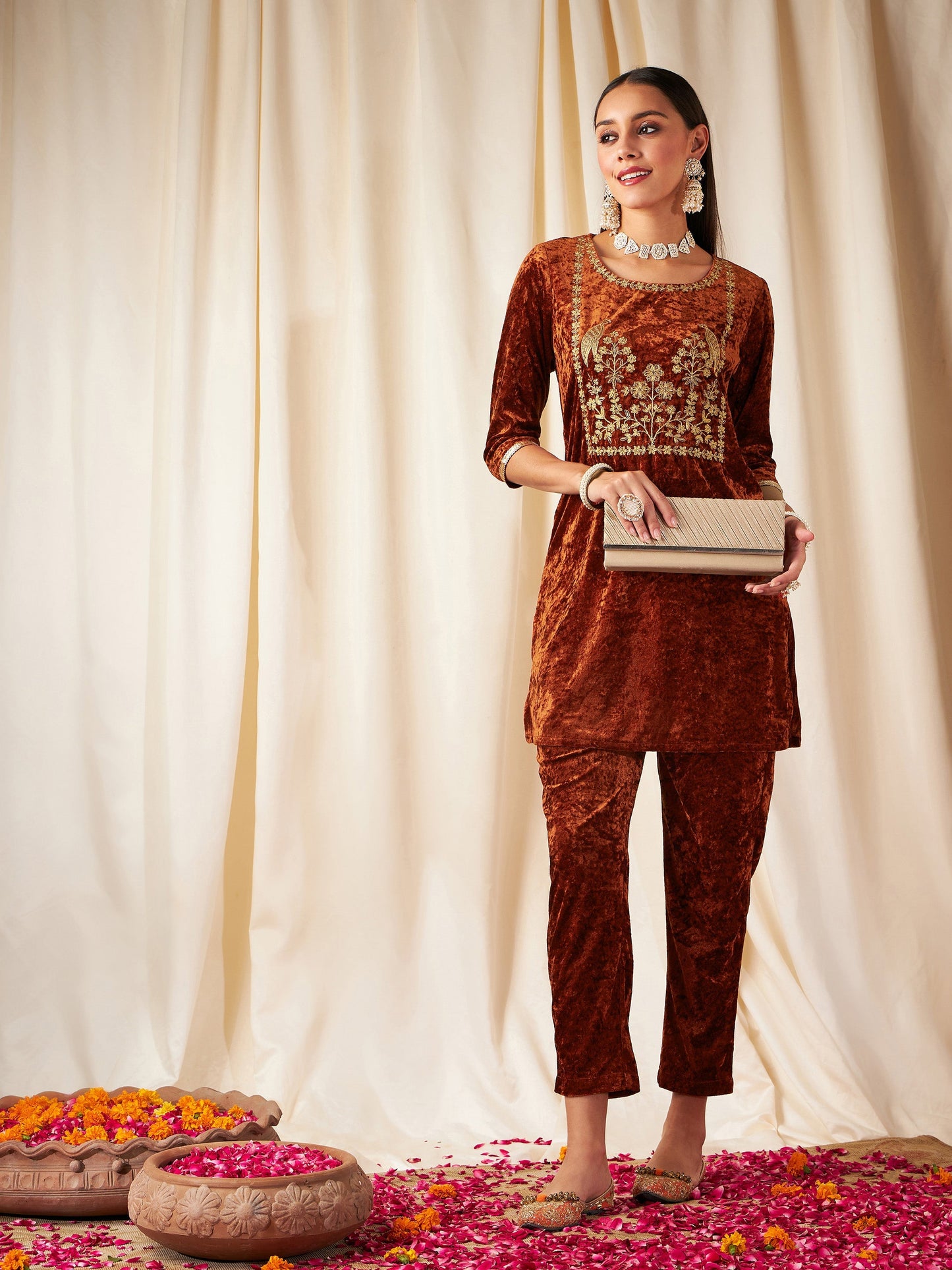 Rust Velvet Embroidered Yoke Short Kurta With Pants-Shae by SASSAFRAS