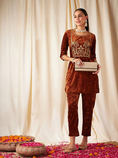 Rust Velvet Embroidered Yoke Short Kurta With Pants-Shae by SASSAFRAS